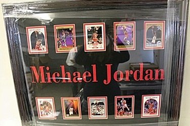 Michael Jordan Framed Collectible: Framed collectible piece is composed of 10 authentic licensed sports trading cards. The name of the team is laser engraved with raised letters. Every card is pristine and carefully selected and arrang