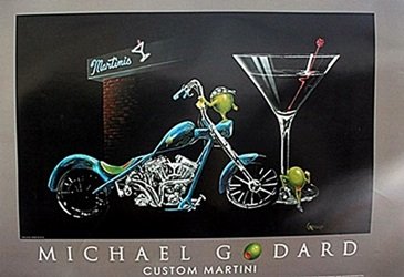 "Custom Martini" after Michael Godard: Michael Godard Poster Approx. 24x36 Michael Godard (Godard's world of art invites us in to his lighthearted perspective of life that surrounds us, mirroring our lives through martinis with animated ol