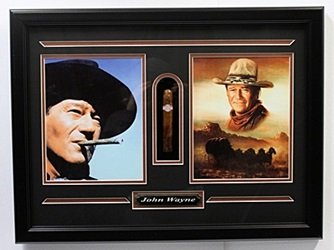 John Wayne Double Picture & Cigar: John Wayne Double Picture & Cigar; Approx. 20X24 in. Custom Framed Memorabilia