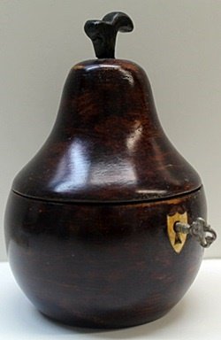 Hand Carved Antique Dark Wood Pear Lockbox w/Key: Hand Carved, Antique Dark Wood, Pear Shaped, Lockbox with Skeleton Key, Gilded metalwork hinges, and mechanically working Lock, Size Approx. 5 1/2" x 3 1/2" x 3 1/2" in.