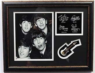 Beatles With Authograph & Mini Guitar: Beatles With Authograph & Mini Guitar; Approx. 14X18 in. Custom Framed Memorabilia
