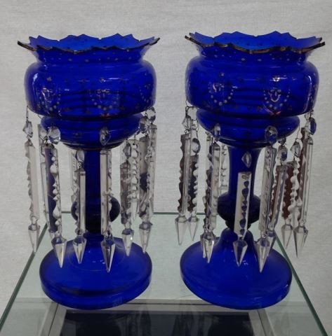 Pair (2) Bohemian Cobalt Enameled Lusters (1 of 3)