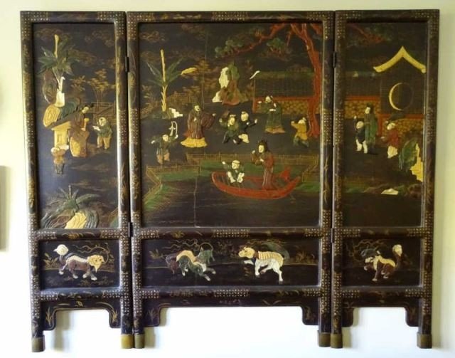 Chinese Hard Stone Inlay Three Panel Screen (1 of 4)