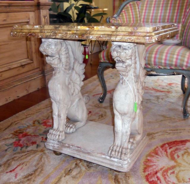 Antique Carved and Painted Griffon Table: The table is carved with a faux marble painted top. 24 x 24 x 18 inches.