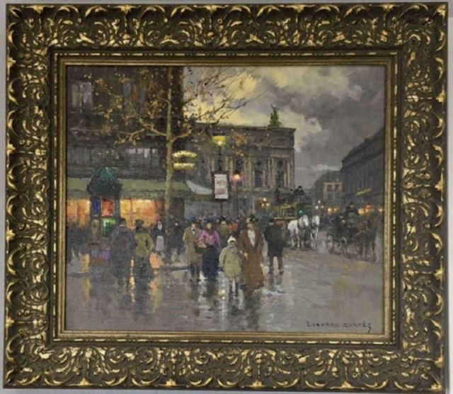 Edouard Cortes Painting "Cafe de la Paix, Ave.": Edouard Leon Cortes (French, 1882 - 1969) Specializing in Paris street scenes of the late 19th and early 20th century, Cortes was very much in demand by collectors as well as his contemporaries workin