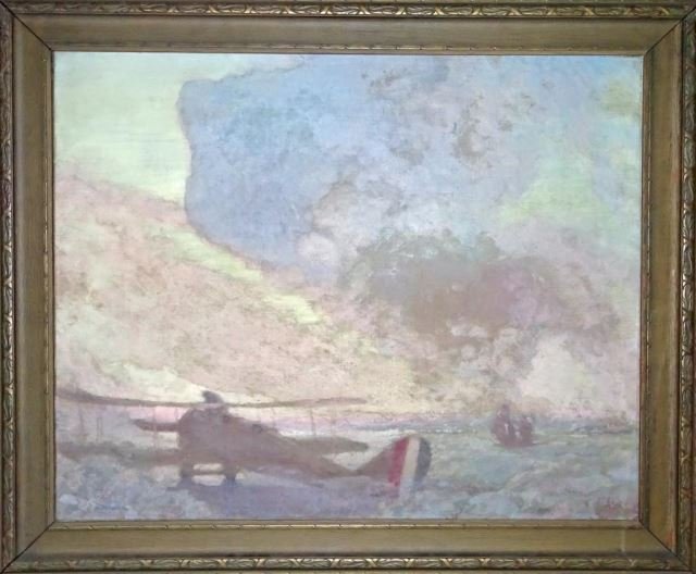 Glen Mitchell Oil Painting "Early Birds": Glen Mitchell (American 20th C.) Art Institute of Chicago label verso. 22 x 26 inches framed to 27 x 31 inches. Depiction of a biplane early morning mist.