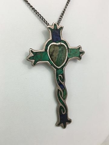 Los Castillo Sterling and Hard Stone Cross Pendant: Weight 12.4 grams including the 24 inch link chain. Hallmarked on the back Los Castillo, Mexico, TA-01. The cross measures 2.5 x 1.5 inches.