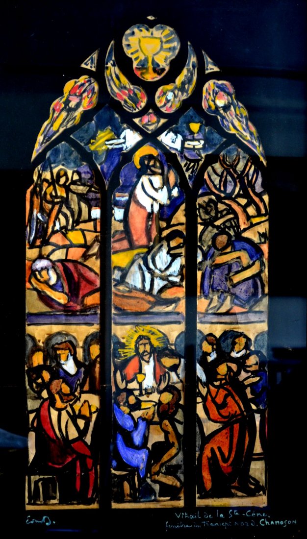 BILLE Edmond (1878-1959) CH: Projet du vitrail du transept nord de l’Eglise de Chamoson. Gouache sur carton. Intitulée en bas à droite : « Vitrail de la Ste Cène, fenêtre du transept nord. Chamoson » et signé Ed. Bille e