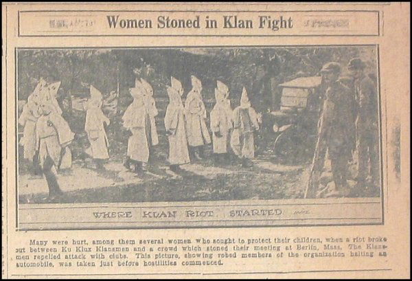 Bartlesville Oklahoma Enterprise Newspaper KKK Ph: Single newspaper page from the ''Bartlesville Oklahoma Enterprise'' newspaper dated 11 May 1925. Includes a photo of the KKK as they marched through Berlin, MA. Headline reads: ''Women Stoned in Klan