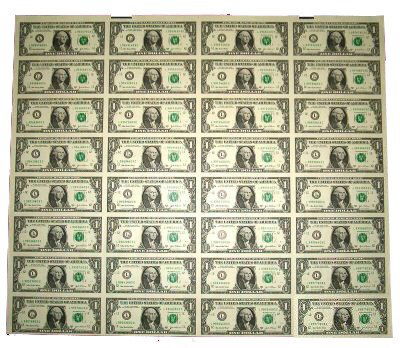 Rare Uncut Sheet Dollar Bill Federal Reserve Note: Scarce uncut sheet of 32 $1.00 Federal Reserve Notes. Sheet measures approximately 25'' x 21.5''. Near fine condition.