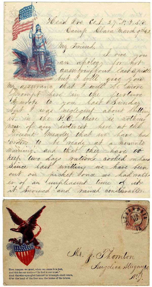 New York ALS American Civil War Letter Signed Rare: ALS from David Smith of the 27th New York Infantry. Accompanied by cover. Datelined ìHead Qrs Co. I 27th N.Y. S. V. / Camp Clara March 9th 63,î letter reads in part: ìÖwe have had orders to be rea