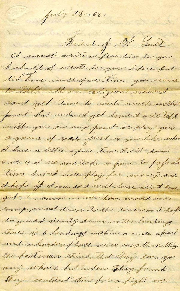Civil War ALS Soldier 44th NY Infantry Letter Bat: 4pp. letter from William Moore of the 44th New York Infantry, Company H. Dated 22 July 1862, three weeks after the regiment fought at Malvern Hill, letter from Harrison's Landing, Virginia, reads in p