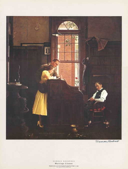 Signed Art Norman Rockwell Marriage License Print Post
