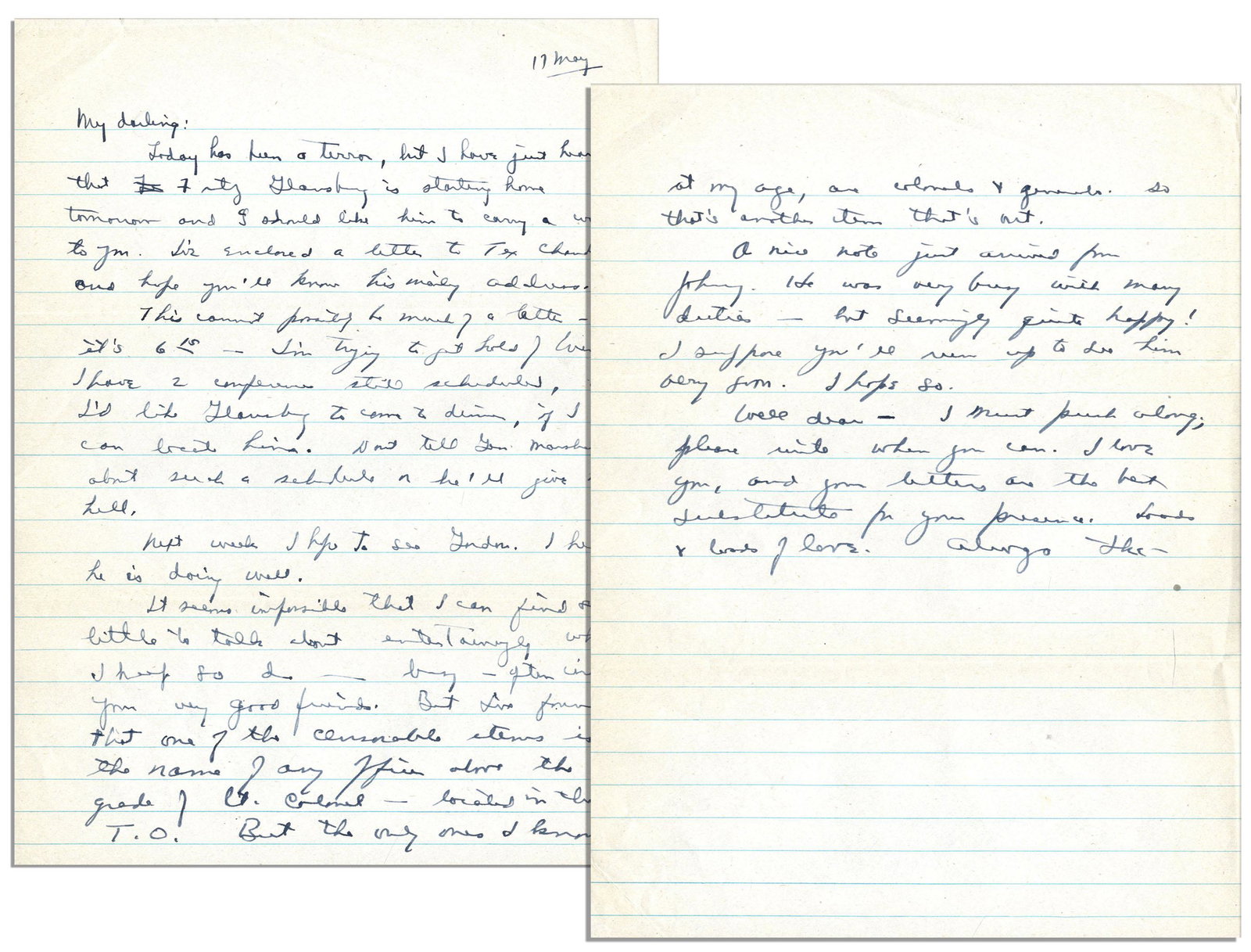Eisenhower ALS re Gen Marshall Giving Him Hell: Dwight Eisenhower autograph letter signed to his wife, Mamie, dated only 17 May. The letter, beginning with ''My darling'', reads in full, ''Today has been a terror, but I have just heard that Fritz G