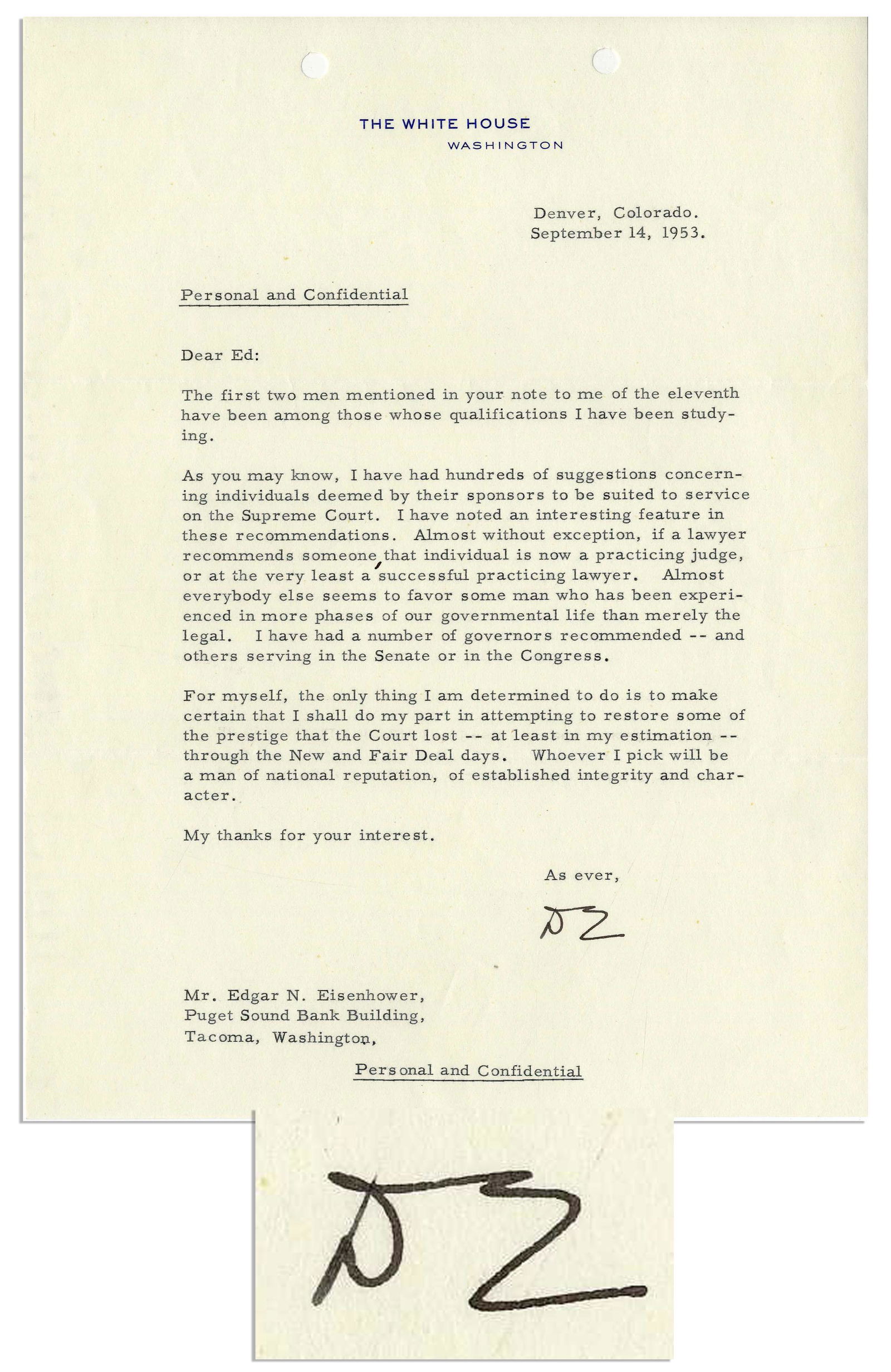 Eisenhower Knocks FDR's New Deal re Supreme Ct: Dwight D. Eisenhower typed letter signed as President, dated 14 September 1953 on White House stationery from Denver. Eisenhower writes to his brother Edgar, discussing who he would nominate to the Su