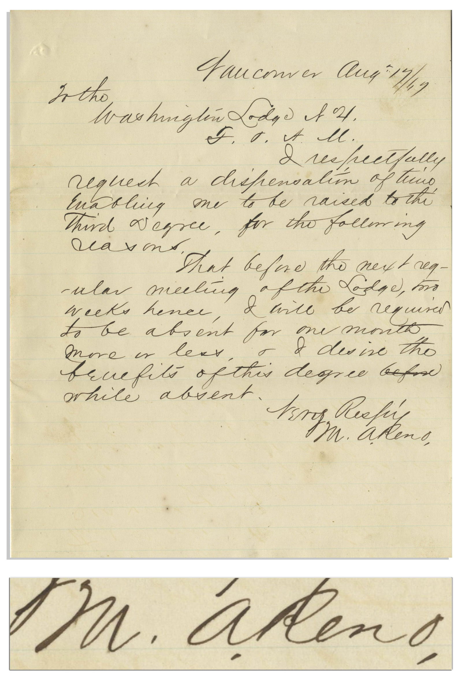 Marcus Reno 1867 Autograph Letter Signed: Marcus Reno autograph letter signed, dated 17 August 1867, from Fort Vancouver in the Pacific Northwest. Breveted to Brigadier General in the Civil War, Reno is better known today for his role in the