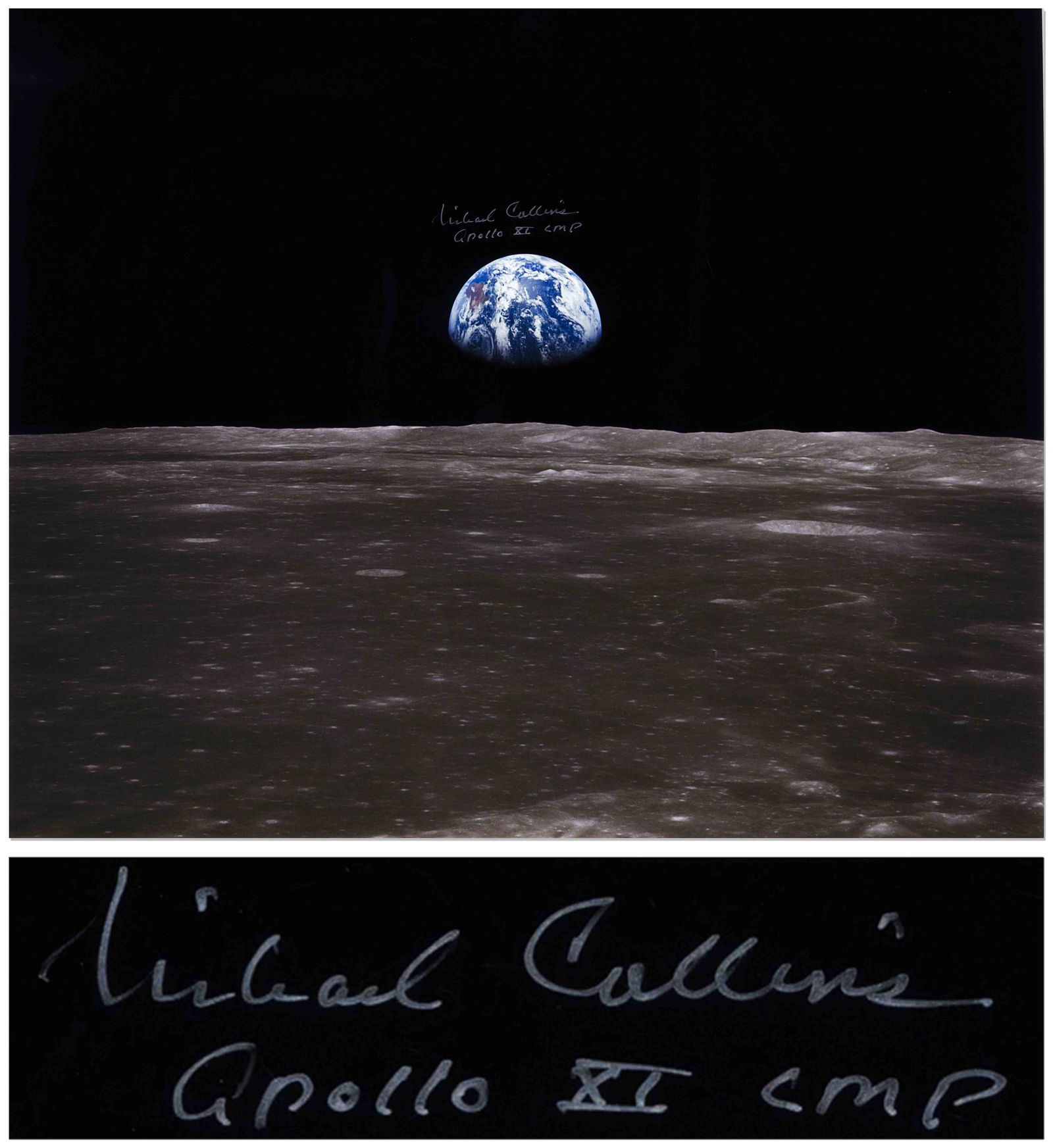 Michael Collins Signed 20x16 Photo of the Earth: Awe-inspiring ''Earthrise'' photo, signed by Apollo 11 astronaut Michael Collins. In silver felt-tip, Collins signs the 20'' x 16'' photo, ''Michael Collins / Apollo XI CMP'' as Command Module Pilot o