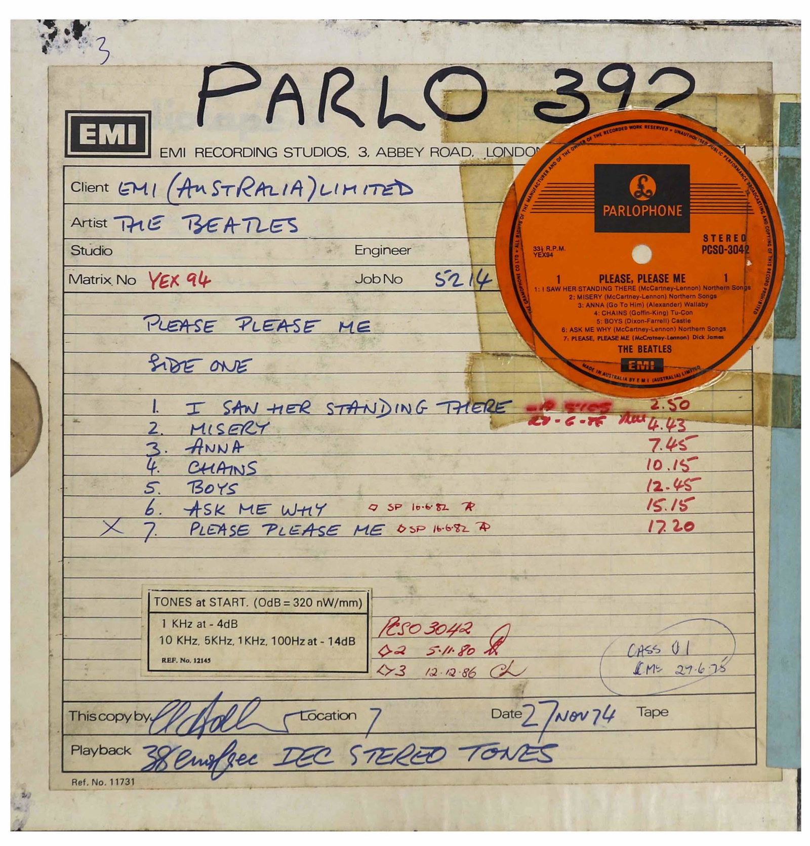 Beatles Production Master Tape for First Album: The Beatles production master tape for their first album ''Please Please Me'', used to make the vinyl records in Australia beginning in 1974 to replace the original master issued when the album debute