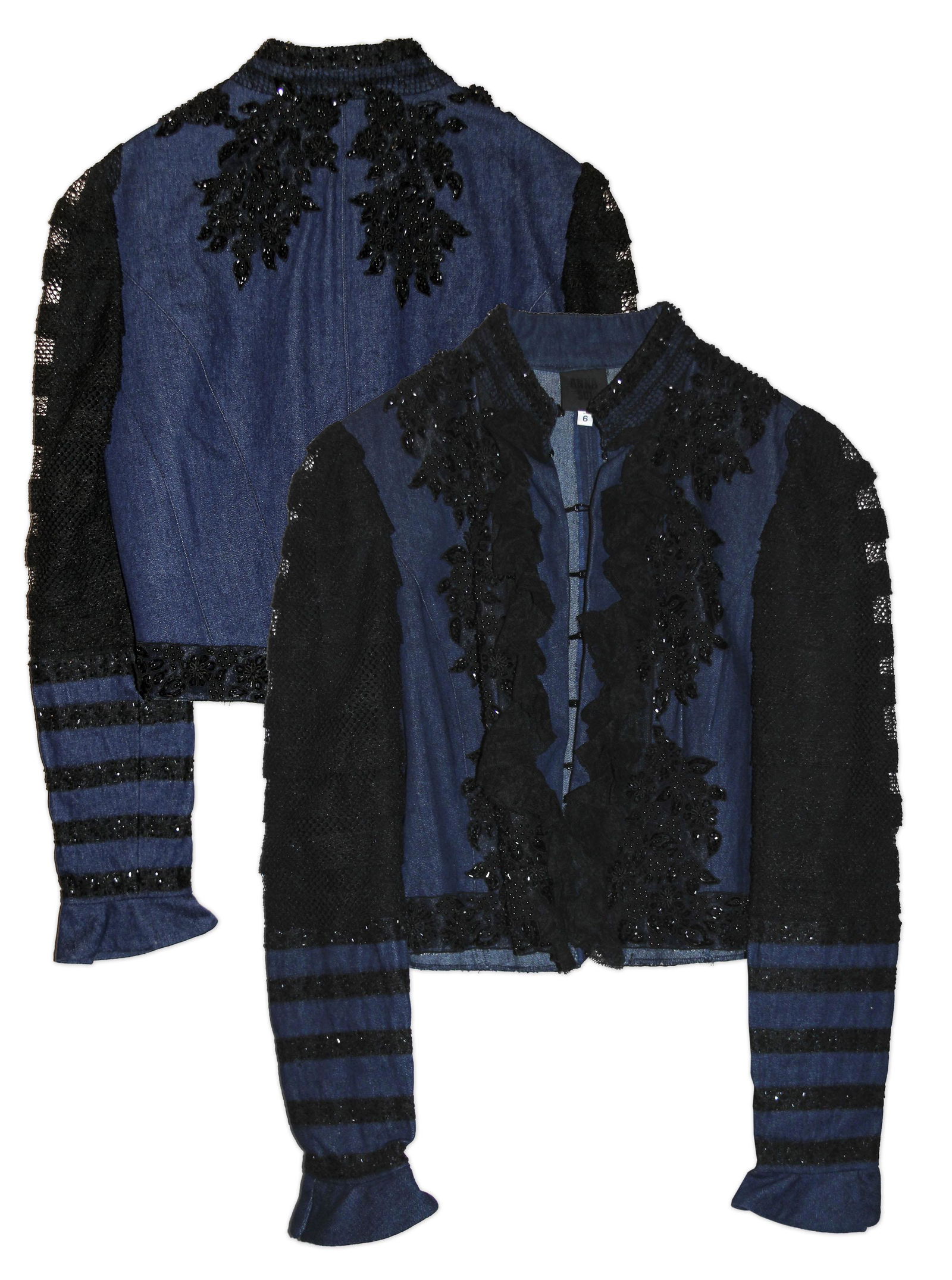 Alicia Keys Worn Jean Jacket w COA from Keys: Anna Sui jean jacket worn by pop music superstar Alicia Keys. Navy blue jean jacket features black mesh sleeves and sequin stripes affixed to the forearm of the jacket, with clasps down the front allo