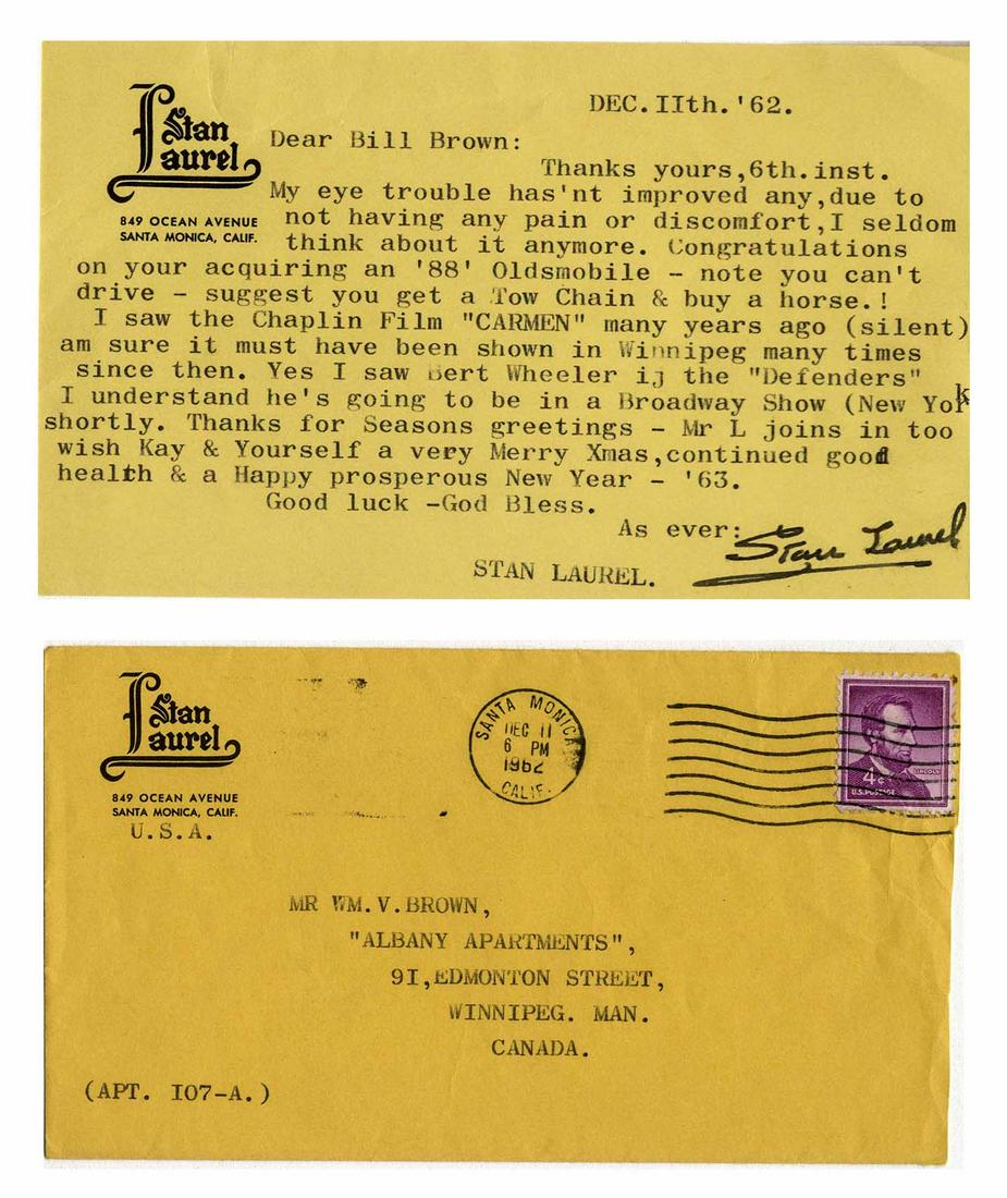 Stan Laurel LS re Charlie Chaplin Movie: Stan Laurel typed letter signed, composed on his personal letterhead to his friend Bill Brown on 11 December 1962. Laurel writes in part, ''...My eye trouble has'nt improved any...I seldom think about