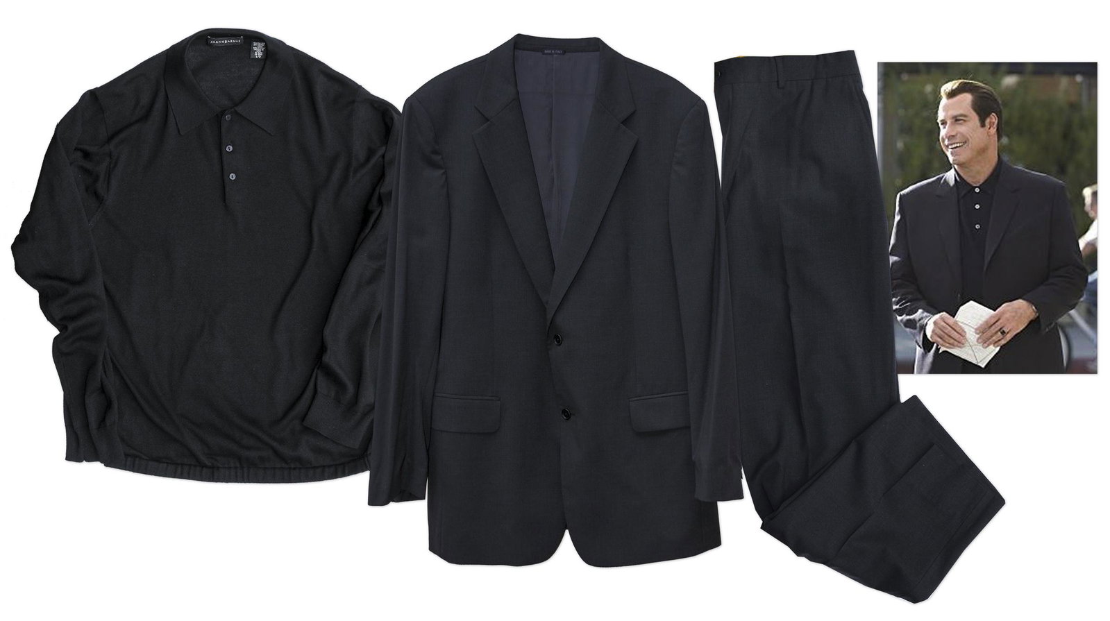 John Travolta Worn Wardrobe 'Be Cool'' w COA: Wardrobe worn by John Travolta as Chili Palmer in ''Be Cool'', the 2005 sequel to ''Get Shorty''. Lot includes black long-sleeve sweater with three buttons measuring 20'' across the chest, pair of cha