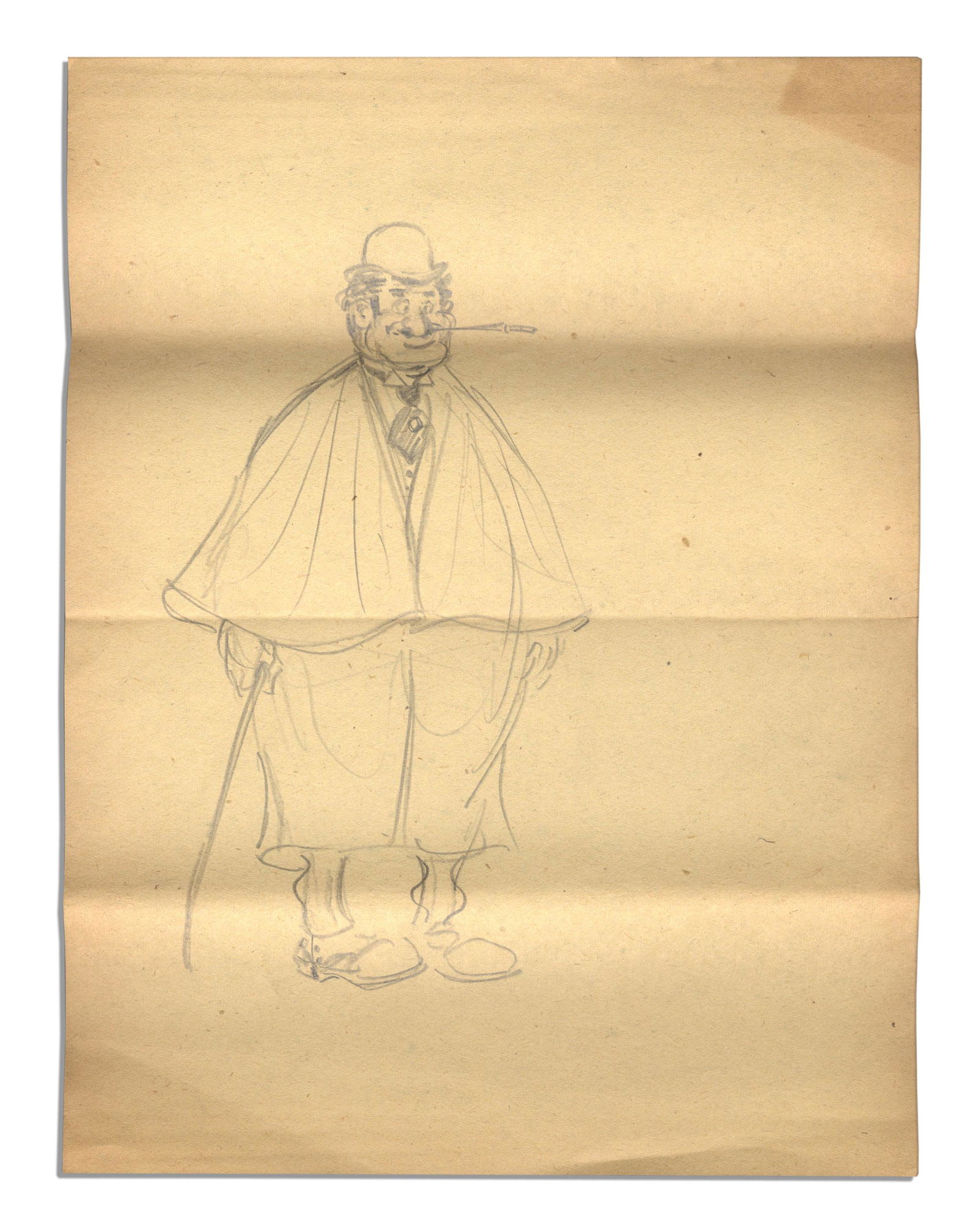 Al Capp Hand Drawn Pencil Sketch: ''Li'l Abner'' cartoonist Al Capp hand-drawn pencil sketch, featuring a man in a cloak with cane and cigarette extension. Measures 8.5'' x 11''. Toning and creasing, else near fine. From the Al Capp e