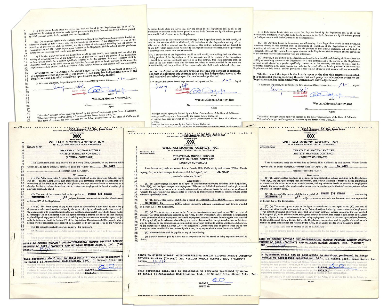 3 Al Capp Signed Contracts w/ William Morris: Lot of three contracts signed by Al Capp with the William Morris Agency, all from the late 1960s. Contracts list Capp's various agents with the terms denoting 10% of his earnings to be paid to them. E