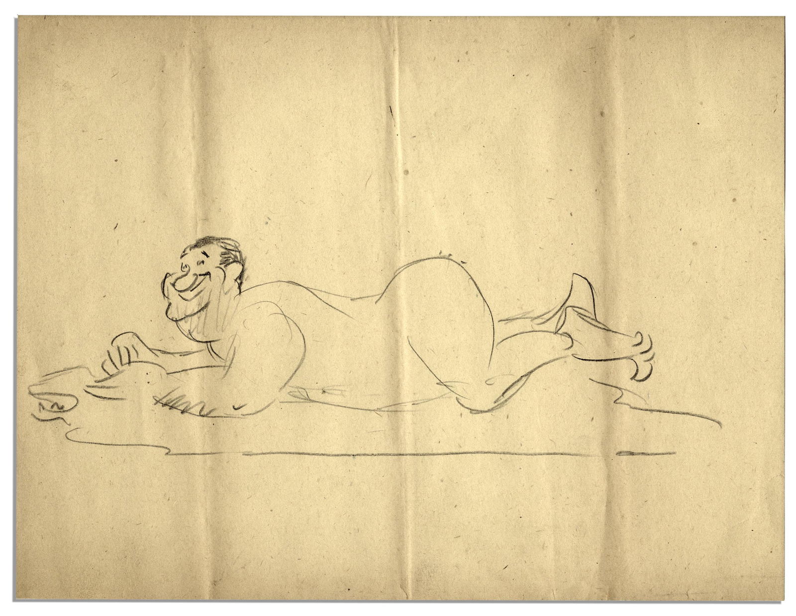 Al Capp Hand Drawn Caricature of Himself Nude!: Al Capp self portrait sketch. The ''Li'l Abner'' cartoonist here proves he hasn't exempted himself from his notoriously satirical sensibility. Simple pencil drawing on paper is of a grinning Capp pose