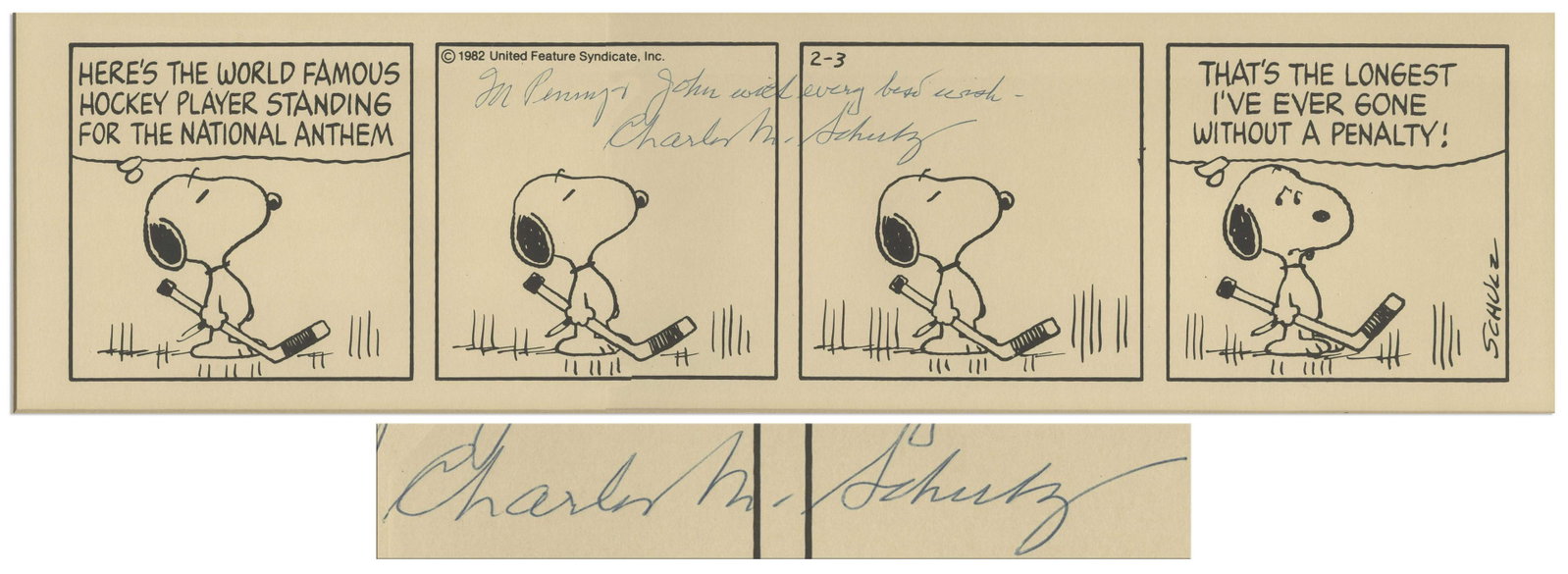 Charles Schulz Signed Copy of ''Peanuts'' Strip: Charles Schulz signed copy of a ''Peanuts'' strip, inscribed ''For Penny & John with every best wish - Charles M. Schulz''. In this strip published 3 February 1982, Snoopy stands for the national anth