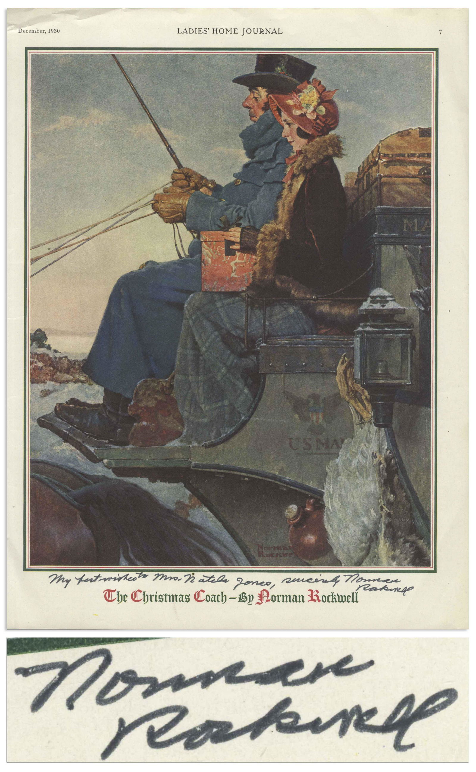 Norman Rockwell Signed Illustration The Christmas: Norman Rockwell signed illustration of ''The Christmas Coach'' as it appeared in the ''Ladies' Home Journal'' in December 1930. Uncommonly found as signed by Rockwell, who creates a nostalgic scene of
