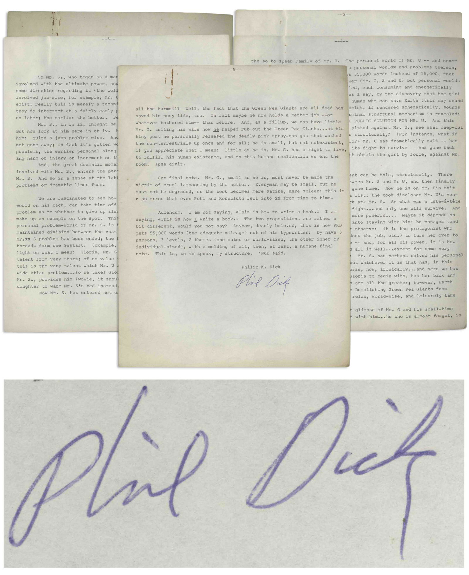 Philip K Dick Signed on How to Write a Novel: Philip K. Dick typed manuscript signed on how to write a novel. Interesting five page original manuscript was created for fellow science fiction author Ron Goulart circa 1965, and goes into great deta