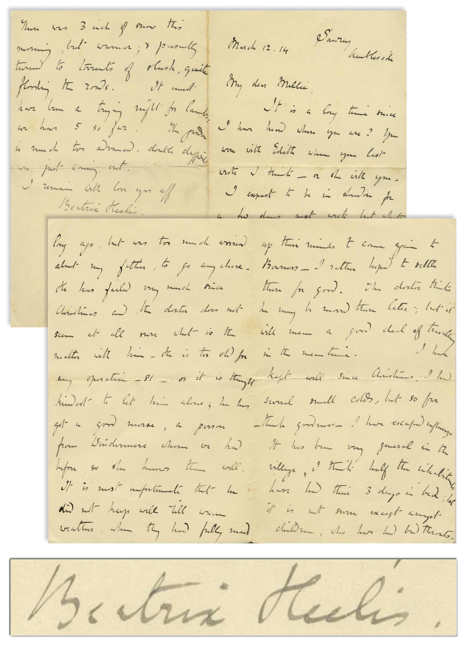 Beatrix Potter Autograph LS re. Her Father: Beatrix Potter autograph letter signed, datelined Sawrey, Ambleside on 12 March 1914, shortly after her marriage to William Heelis. She writes to Millie Warne, the sister of Potter's fiance and publis