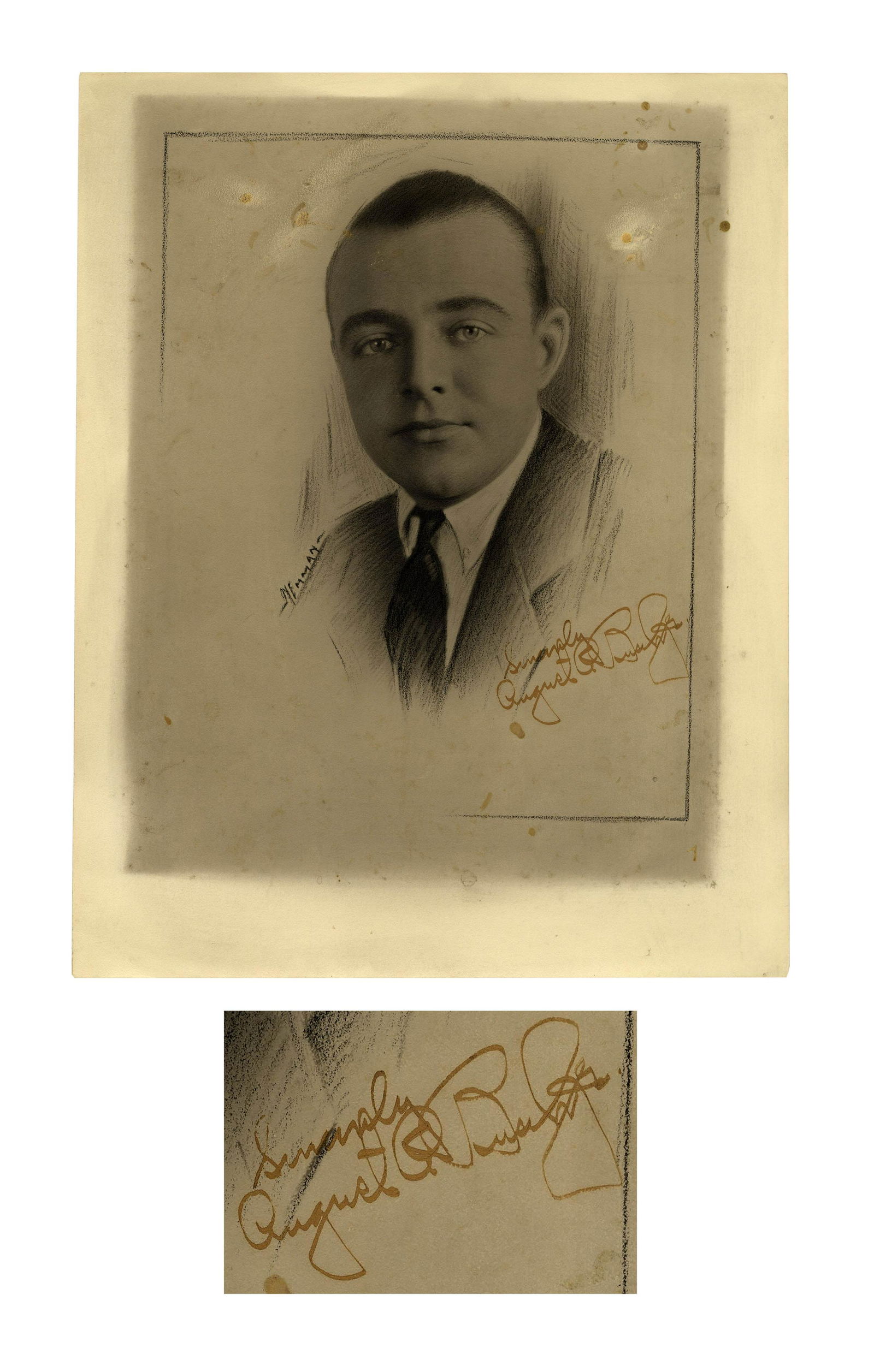 August Busch, Jr. Signed Portrait Anheuser w JSA: August Busch, Jr. signed portrait, depicting the brewery magnate as a young man. Portrait shows Busch at approximately the age when Prohibition ended, which he commemorated by delivering a case of Bud