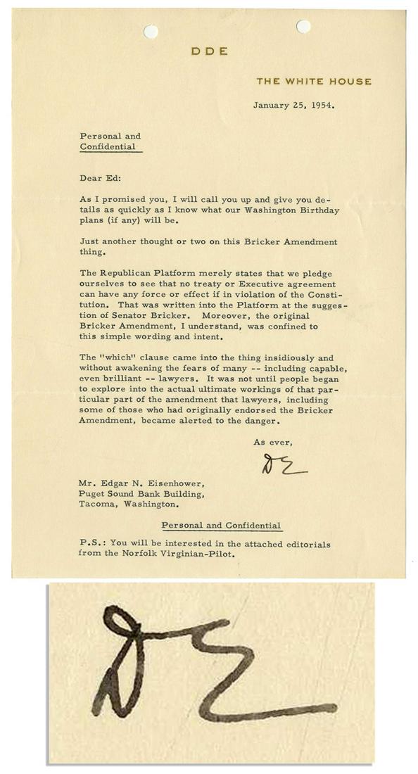 Eisenhower Letter Signed as President: Dwight D. Eisenhower typed letter signed as President, dated 25 January 1954 on official White House stationery. Here, Eisenhower writes to his brother, Edgar, discussing the controversial Bricker Ame