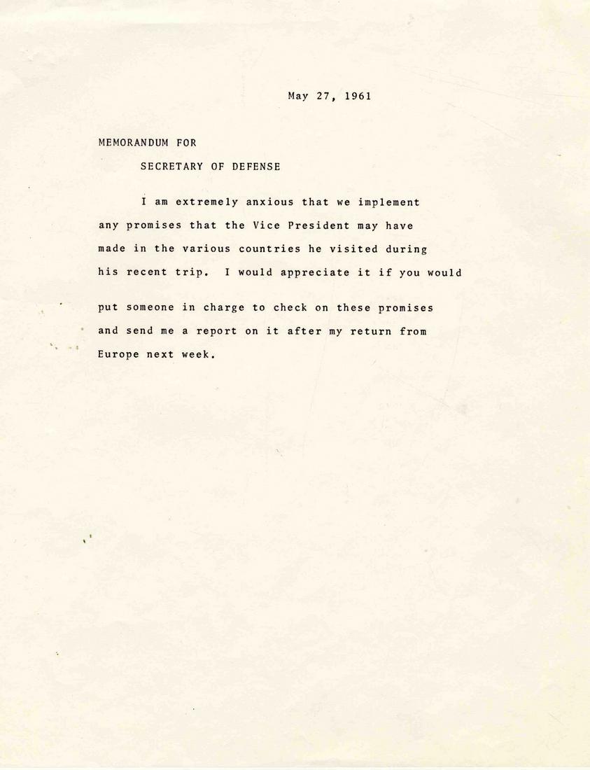 Important Memo From JFK, Expressing Concern Over LBJ: Interesting original memo from the John F. Kennedy administration dated 27 May 1961, on watermarked government paper. ''Memorandum for Secretary of Defense'' reads, ''I am extremely anxious that we im