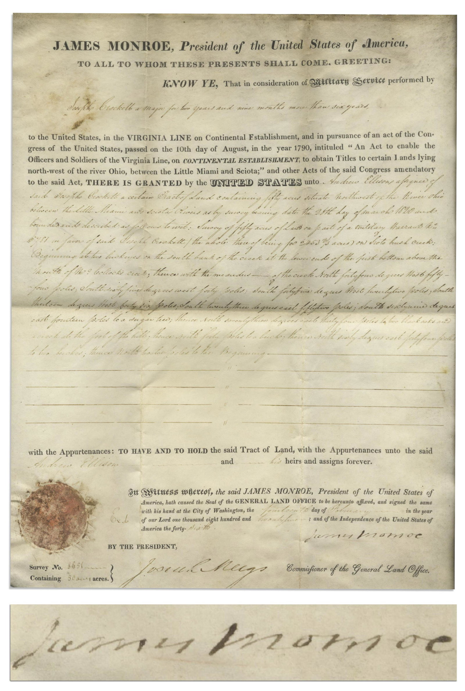 James Monroe Land Grant Signed to a Military Veteran: Land grant signed by James Monroe as President, dated 14 February 1822 and signed ''Jame Monroe'' at lower right. Monroe awards 50 acres to Andrew Ellison, the assignee for Major Joseph Crockett, a mi