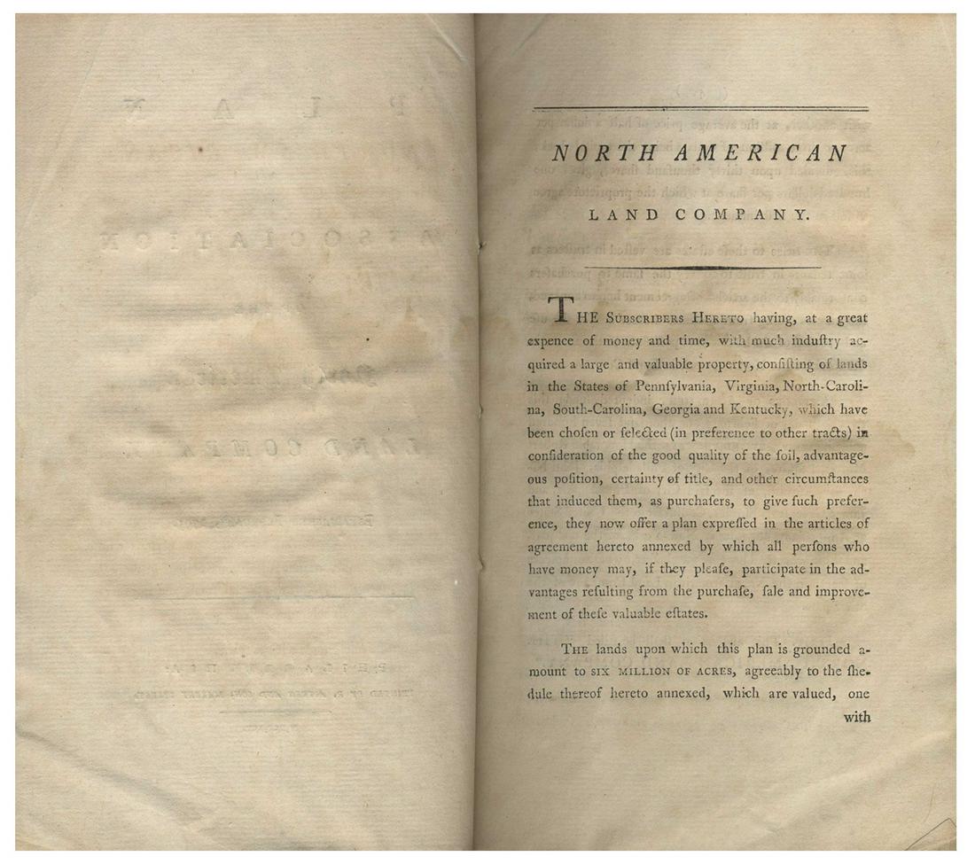 Original 1795 Prospectus for the North American Land: Original 1795 prospectus for the North American Land Company, that speculative land scheme that not only precipitated the Panic of 1797 but bankrupted its backer Robert Morris, Declaration of Independ