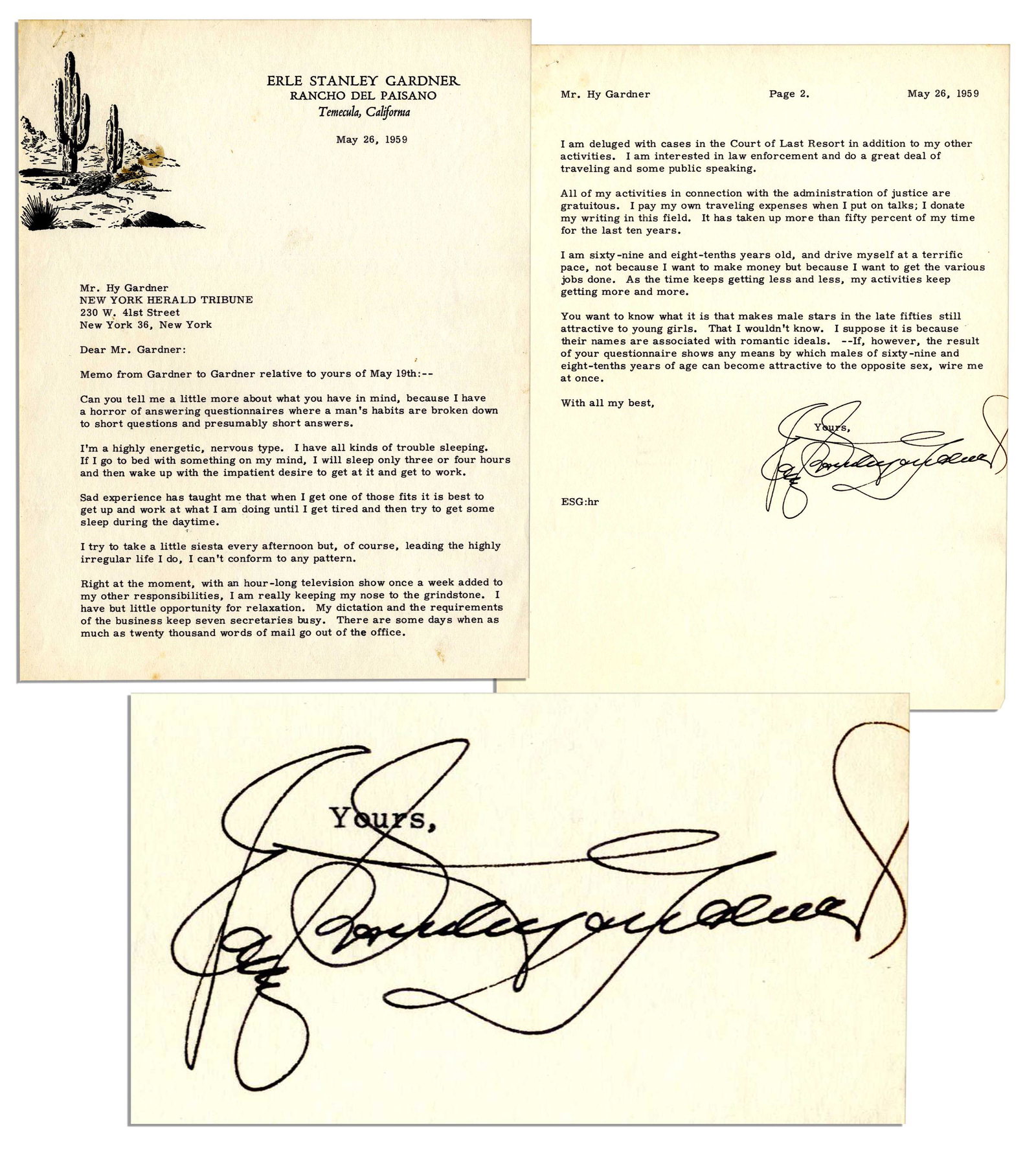 'Perry Mason'' Author Erle Stanley Gardner Typed Letter: Erle Stanley Gardner typed letter signed. Letter, dated 26 May 1959 is addressed to Hy Gardner at the New York Tribune. Upon his personal desert-scape stationery, the author writes in full, ''Memo fro