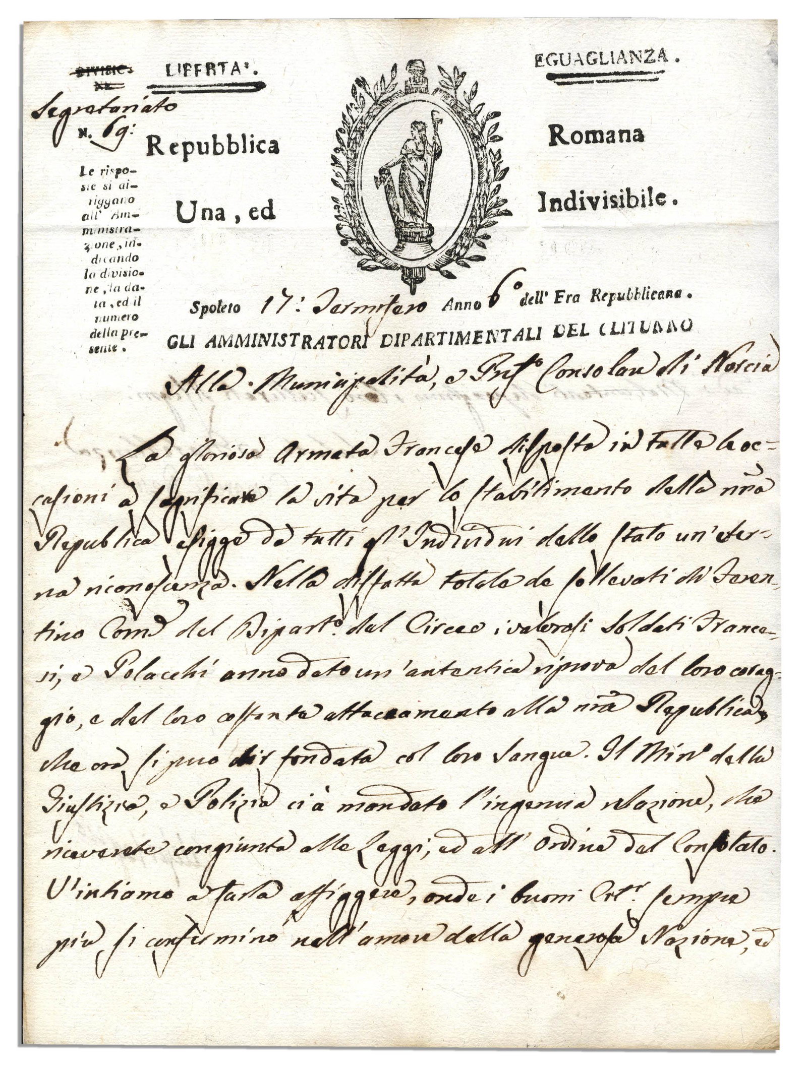 Roman Republic 1798 Doc, Shortly After Napoleon's: Handwritten Italian-language document datelined Spoleto, 1798. Upon Roman Republic stationery, document reads: ''...The glorious French army response in all occasions to sacrifice their lives for the 