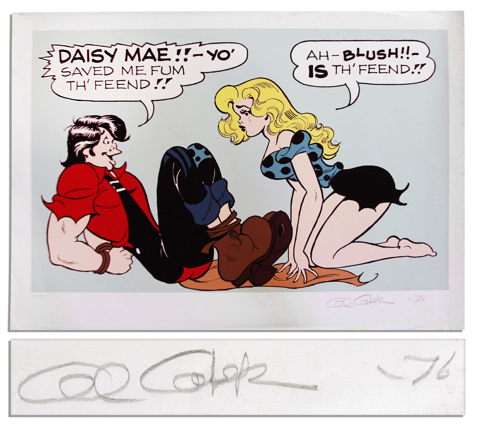 Giant ''Li'l Abner'' Litho Featuring Abner & Daisy Mae: Giant ''Li'l Abner'' Litho Featuring Abner & Daisy Mae -- Artist Proof Labeled ''EA 16/30'' & Signed ''Al Capp '76'' in Pencil -- 44'' x 31.5'' -- Small Tear to Top Edge, Very Good