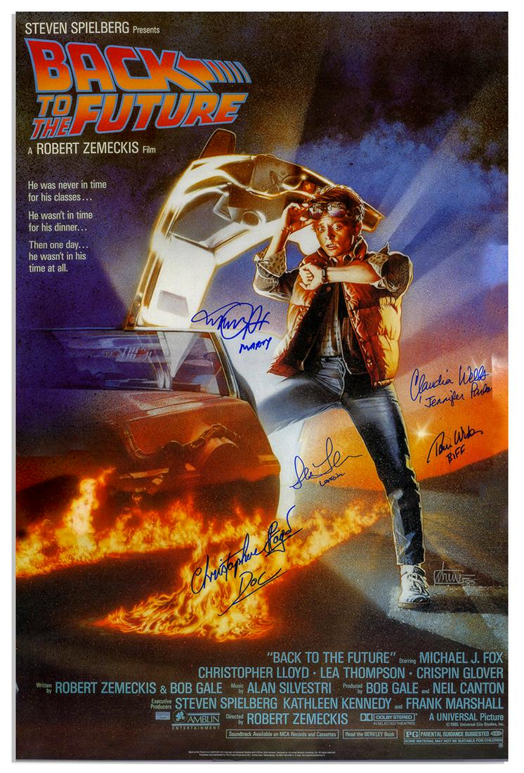 'Back to the Future'' Cast-Signed Poster w/ All Actors: Cast-signed ''Back to the Future'' poster, with each actor also adding their character's name for a interesting visual presentation. Signed by Michael J. Fox (Marty), Christopher Lloyd (Doc), Lea Thom