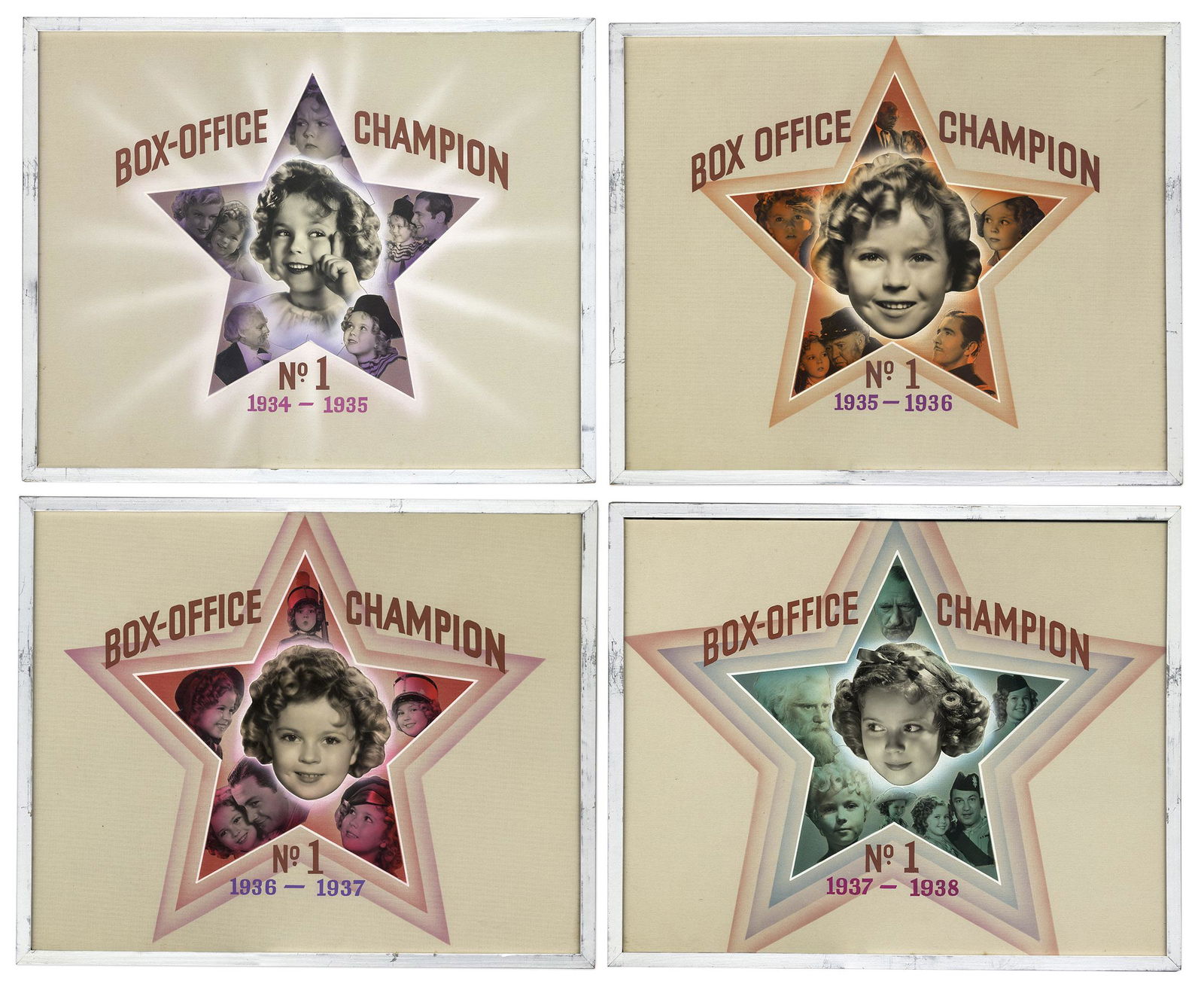 4 ''Box-Office Champion No. 1'' Awards for Shirley: Shirley Temple personally-owned awards, given to her by 20th Century Fox, and based upon the Quigley Publishing Co.'s annual poll of movie theater owners of the most popular movie stars, and also thos