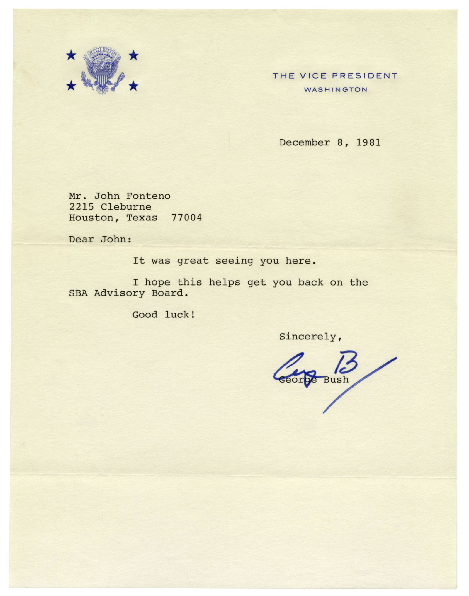 George H.W. Bush Letter Signed as Vice President (1 of 1)