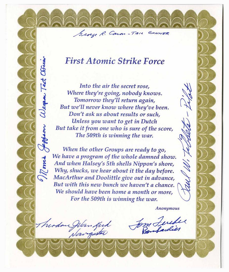 WWII Poem Signed by Five Enola Gay Crew Members (1 of 1)
