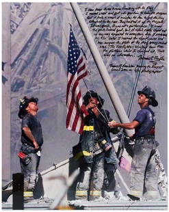 Thomas Franklin Signed 9/11 Photo: Photographer Thomas Franklin signed 16'' x 20'' photo of ''Raising the Flag at Ground Zero'', with Franklin also describing the moment he captured the iconic image on 9/11: ''I saw these three