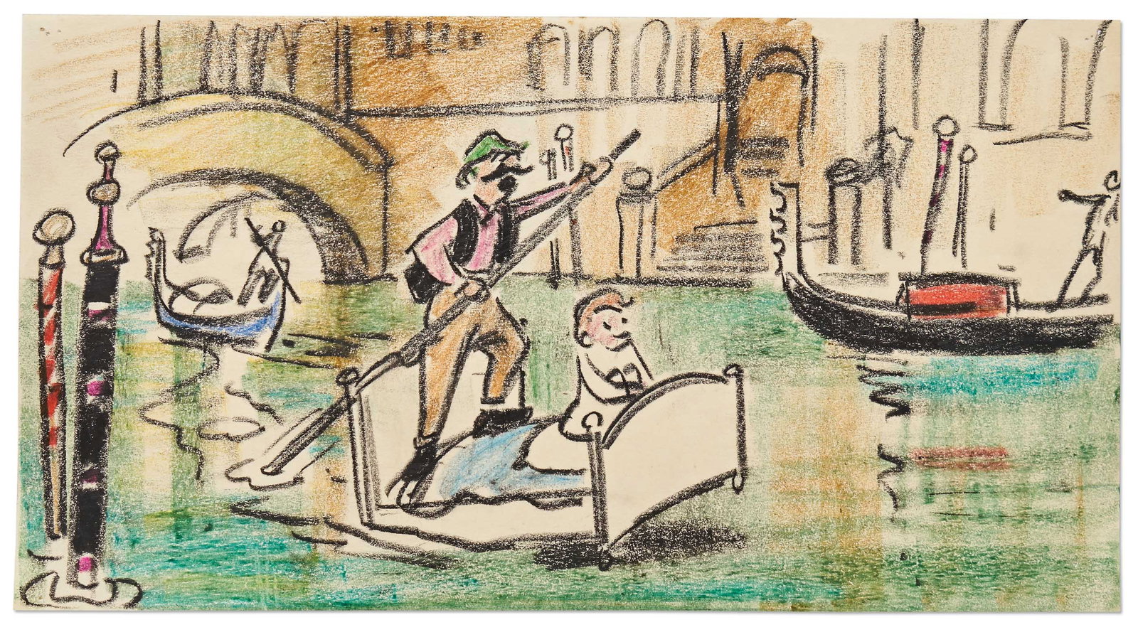 ''Bedknobs and Broomsticks'' Storyboard Artwork: Original storyboard artwork from the 1971 film ''Bedknobs and Broomsticks'', featuring the magical bed as a gondola. Rendered in charcoal, crayon and pastel, colorful artwork measures 10.5'' x 5.375''
