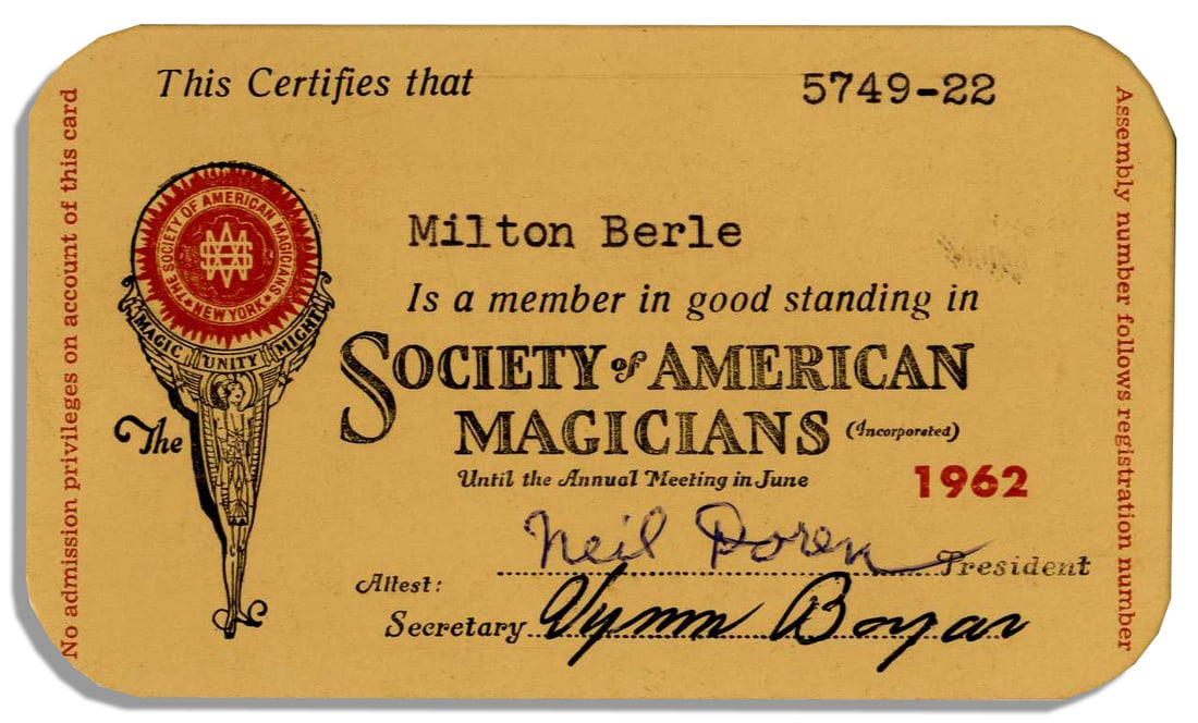 Milton Berle SAM Card: Milton Berle's Society of American Magicians card from 1962. Printed beige paper card features Berle's name typed at center. Measures 4'' x 2.5''. Near fine. From the Milton Berle estate.