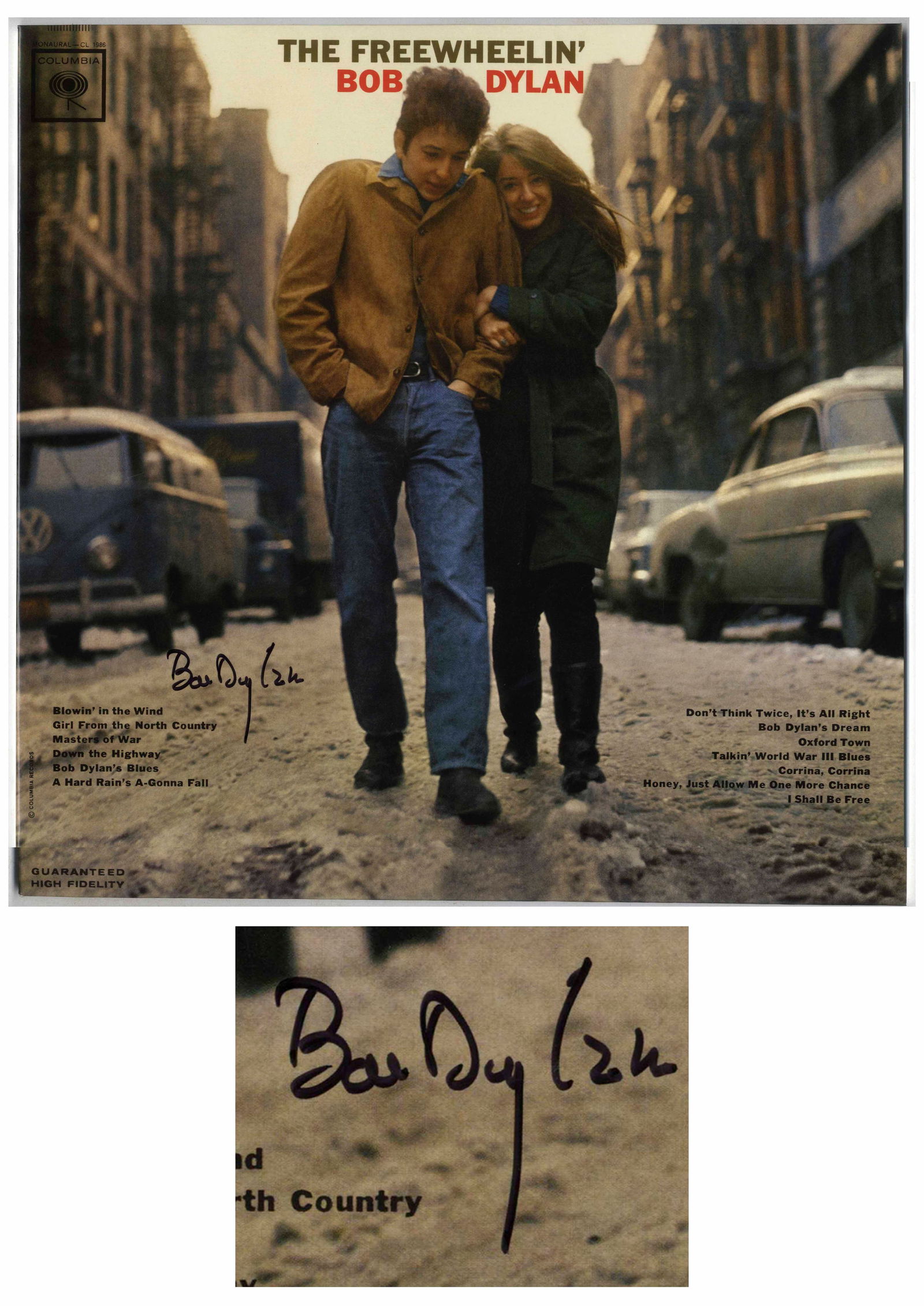 Bob Dylan Signed Album ''The Freewheelin' Bob Dylan'': Bob Dylan signed album, ''The Freewheelin' Bob Dylan'', his second album that earned him ''Spokesman of a Generation'' for the political nature of the songs including ''Blowin' in the Wind'' and ''A H