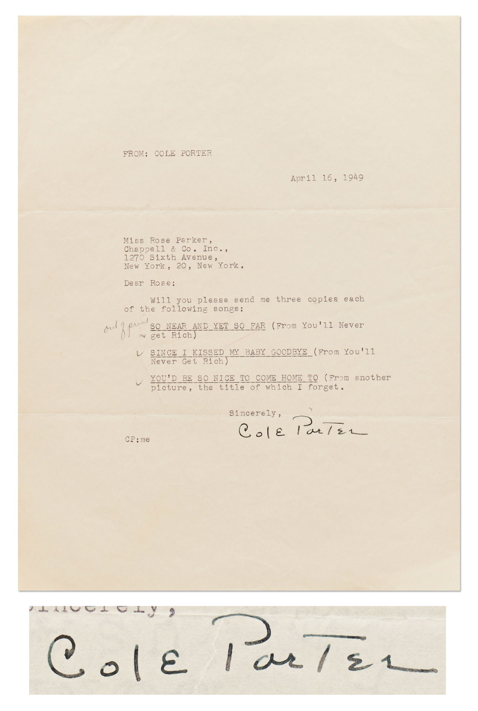 Cole Porter Letter Signed (1 of 2)
