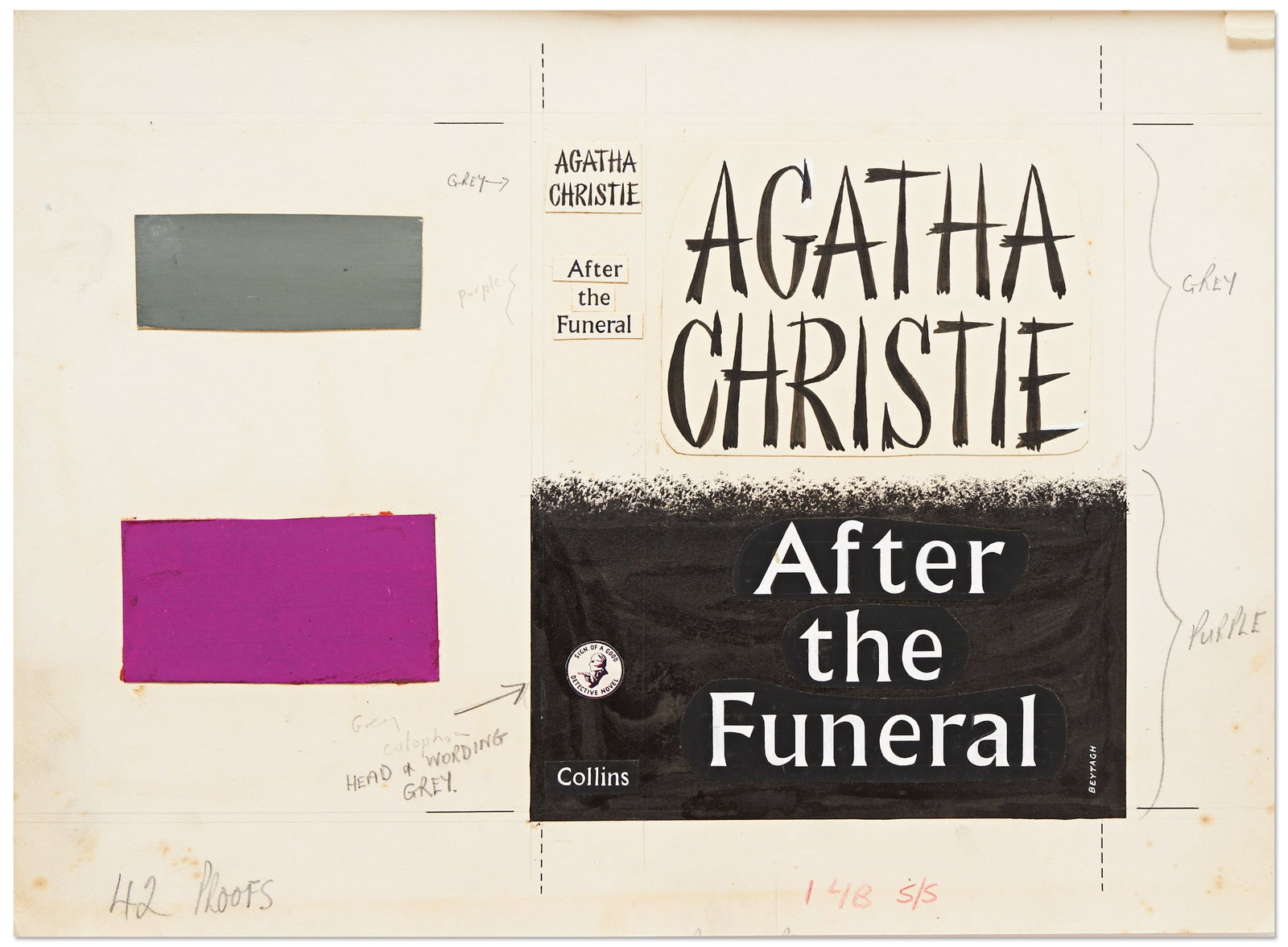 Agatha Christie ''After the Funeral'' Artwork: Original artwork for the first UK edition dust jacket of Agatha Christie's 1953 crime novel, ''After the Funeral''. Acrylic on artist board measuring 14'' x 10.25'', with painted lettering pasted on, 